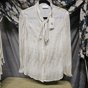 NEW 7 for all Mankind Silk Tie Neck Blouse in Ivory & Gold Size Small